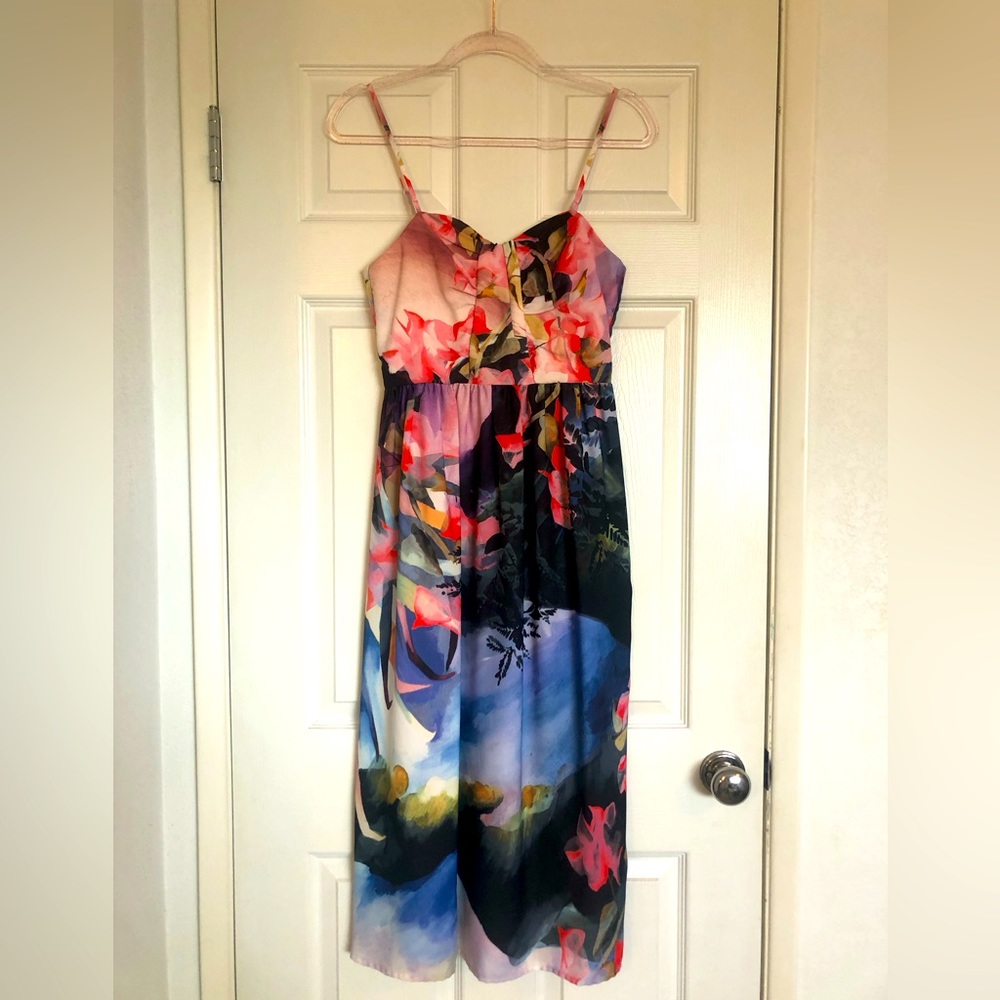 Corey Lynn Calter size 2 tropical flora watercolor maxi spaghetti strap dress.